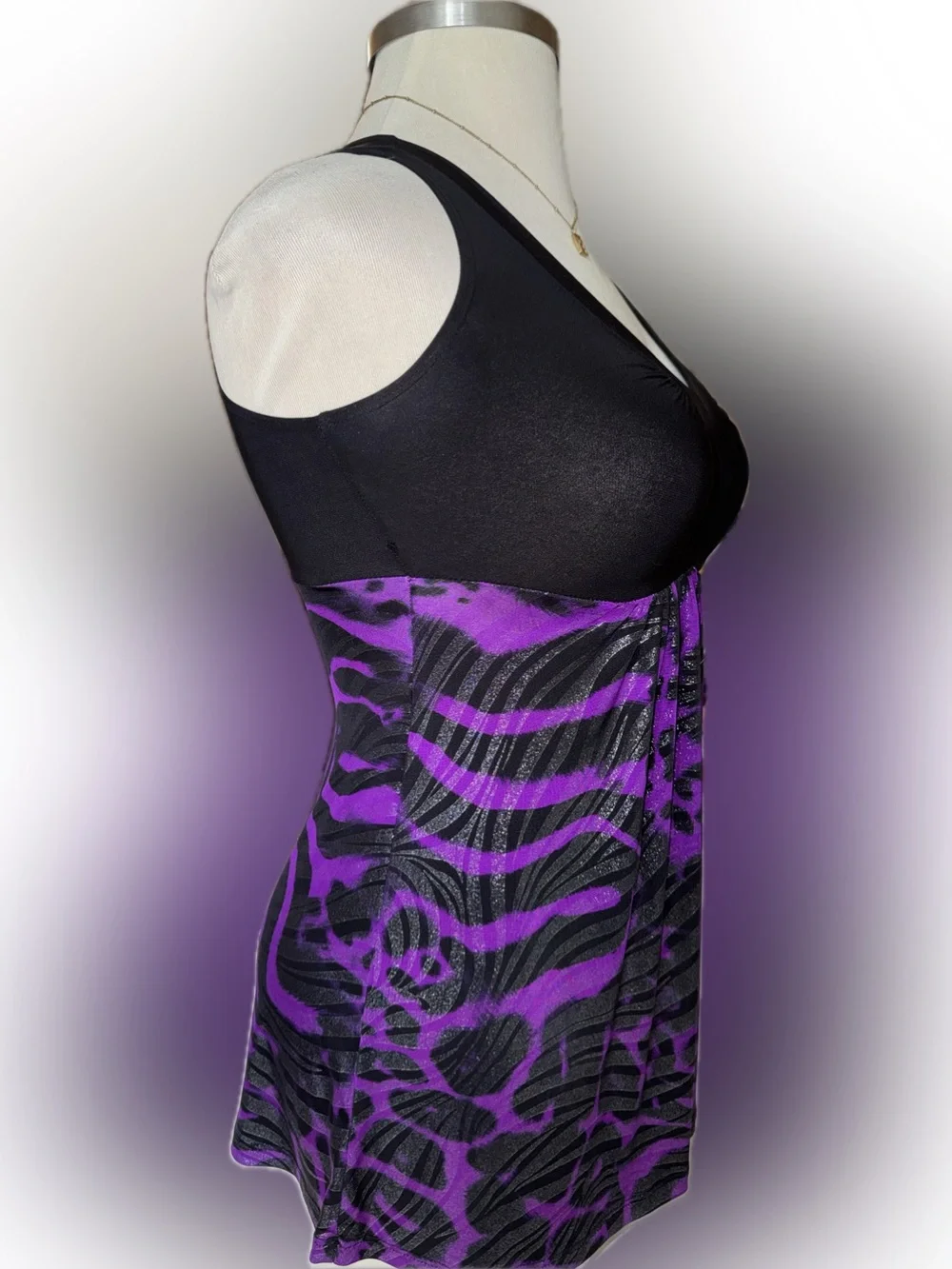 Vintage Chocolatte Black Dresstop with Purple Zebra Print size Small